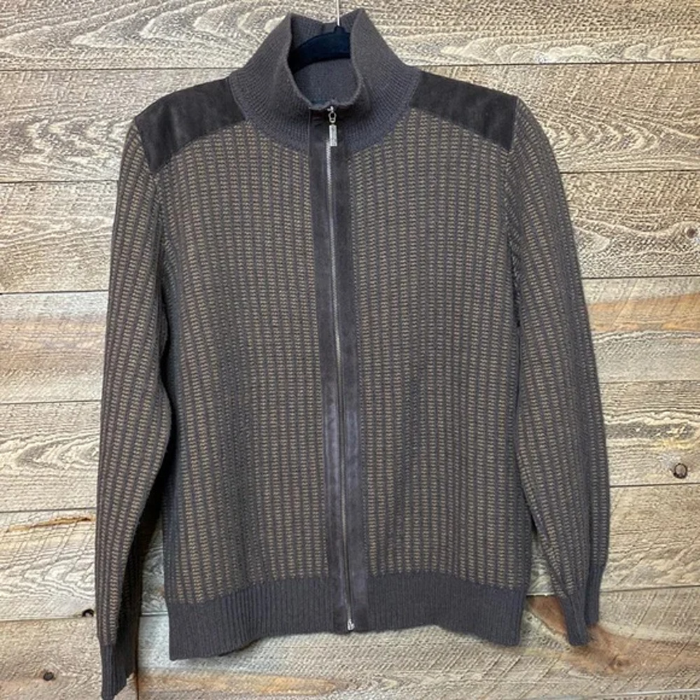 Men’s Moncler Italian Brown zipper front sweater with leather accents Size Large